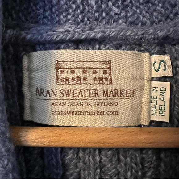 Authentic Irish Aran Merino Wool Cable Knit Sweater Vest Slate Blue Cozy Pockets - Picture 3 of 10